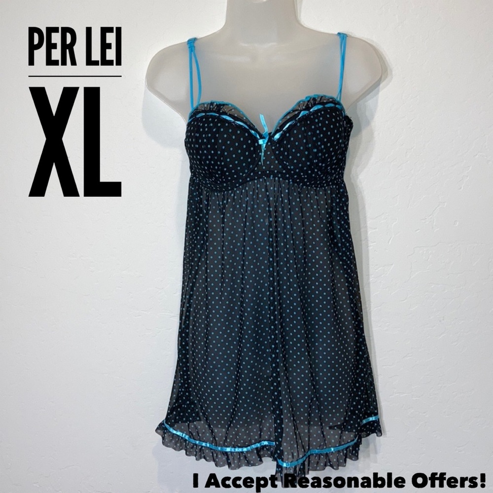 Per Lei baby doll lingerie 38C padded bra black/turquoise sheer nightie